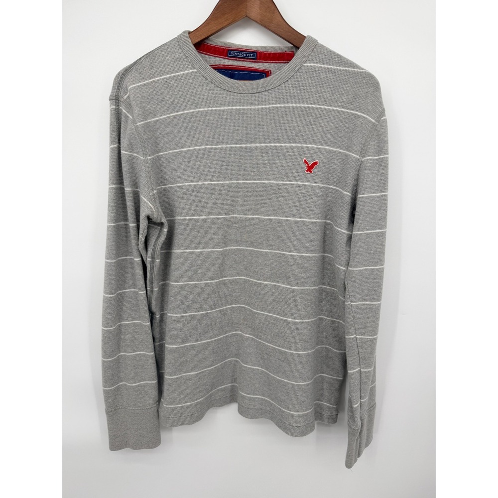 American Eagle Thermal Shirt Mens L Grey Striped Good Vintage Fit Waffle Knit